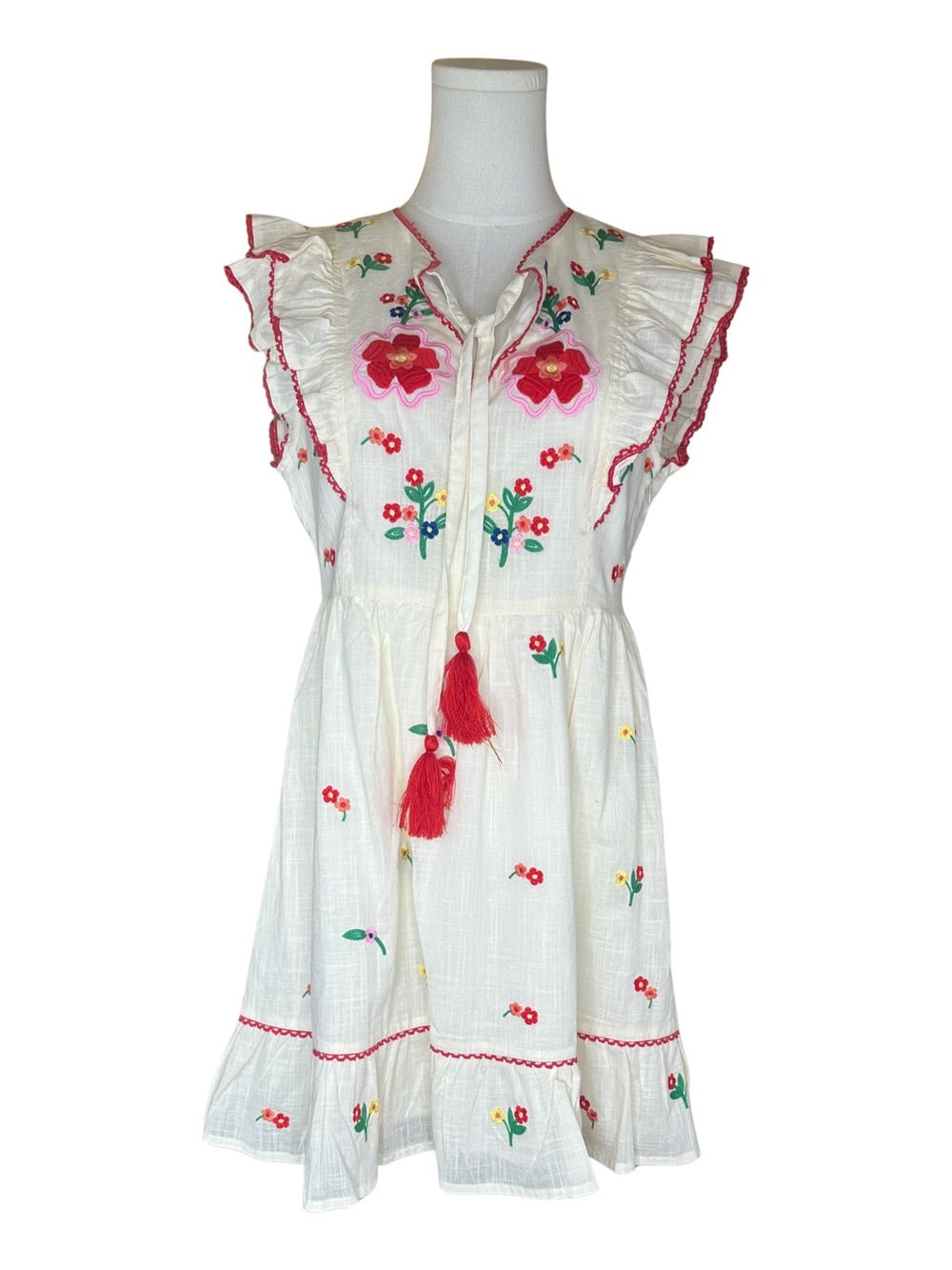 White Linen Dress with Pink Floral Embroidery and Tassel Detail Sz Small NWT